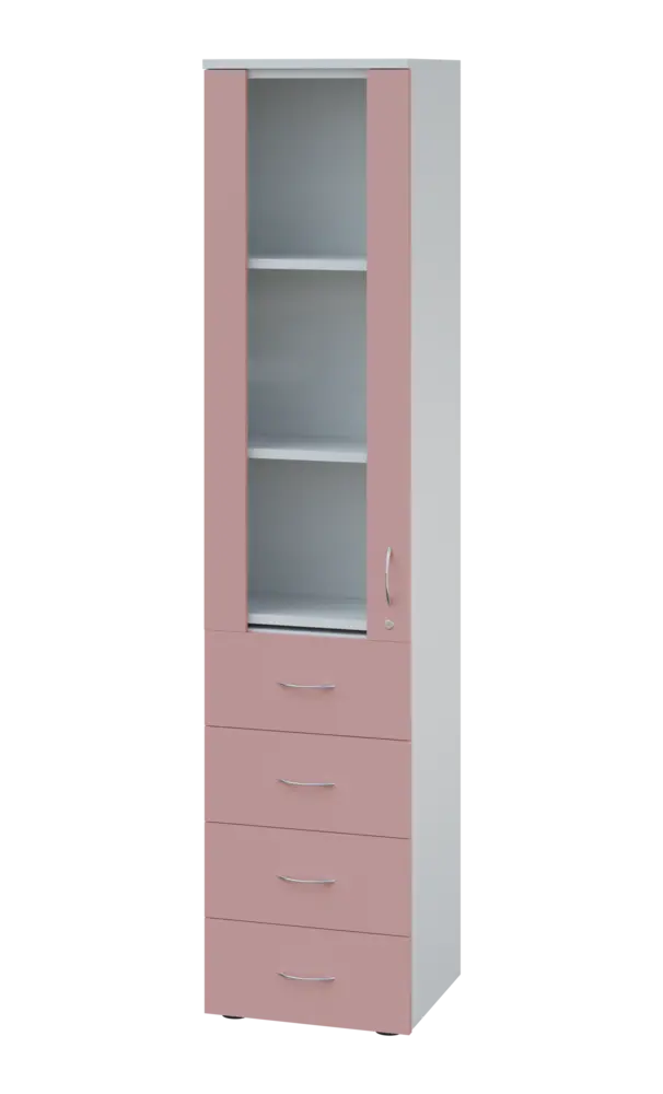 LE - 44 skříň léková prosklená, levá, korpus bílý, dvířka pastelově růžová